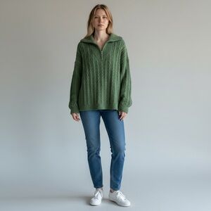 Vivilli Green 3/4 Zip V Neck Green Oversized Women Sweater Size M
